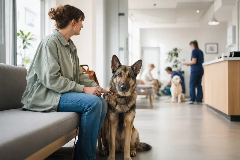 Ein ruhiger Atlas Schäferhund sitzt neben seinem Besitzer in einem modernen, hellen Wartezimmer einer Tierarztpraxis.